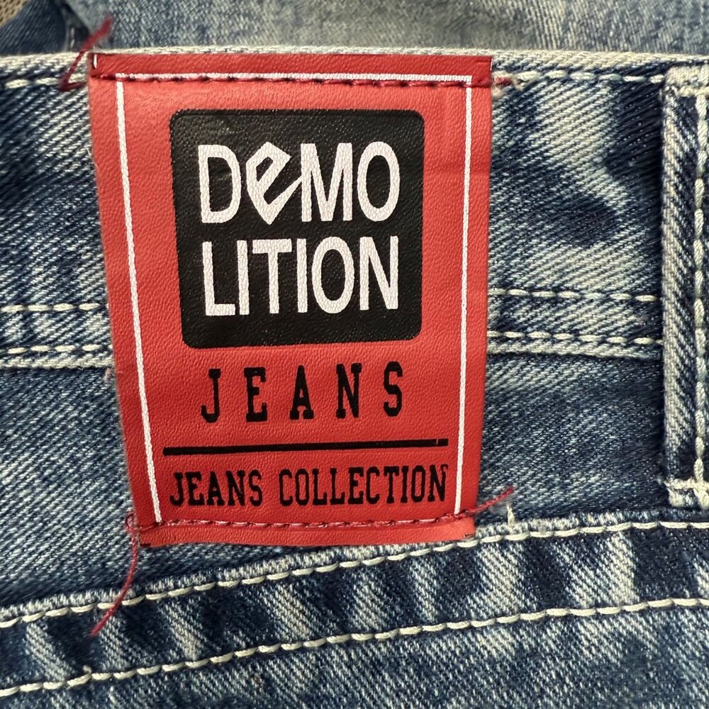 Demolition Jeans Mens Size 36 Blue Denim Straight Fit Embroidered Pockets - Picture 4 of 10
